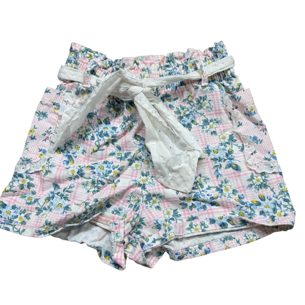 Vintage Jet Set Girls Floral Gingham Shorts Pink Blue‎ Eyelet Lace Size 6X